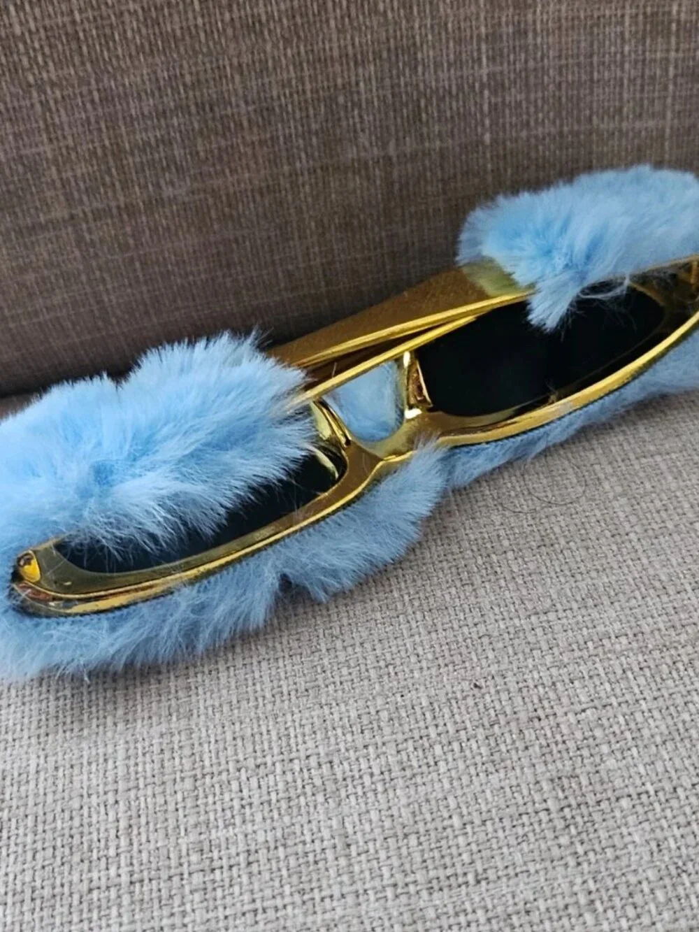 Women Sunglasses Blue Fuzzy Faux Furry Plush Gold Tone Temple Funky Eyewear